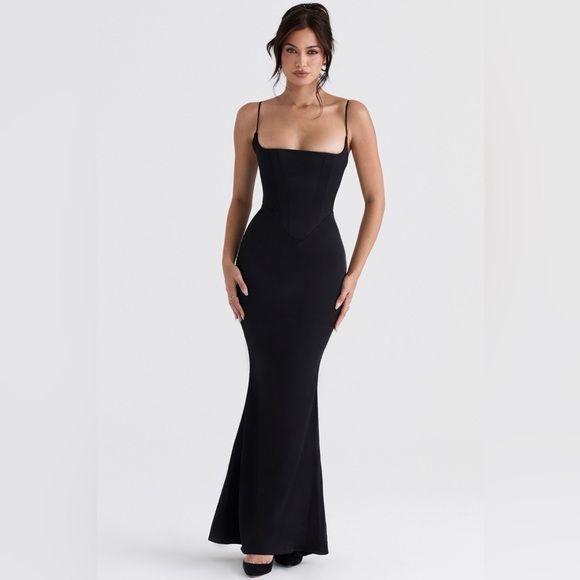 House of CB Olivette Black Satin Corset Maxi Dress